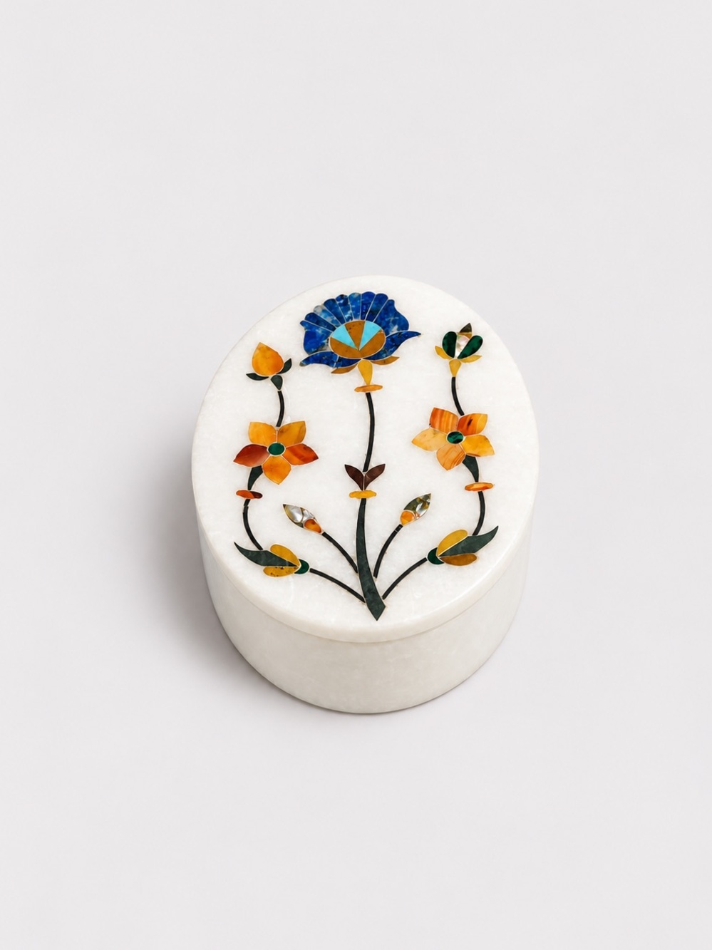 Vintage Indian Parchin Kari Marble Inlay Floral Trinket Box